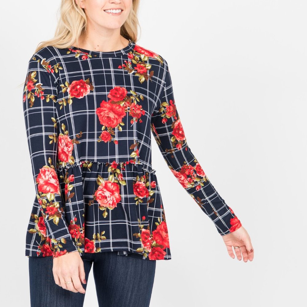 Agnes & Dora Relaxed Ruffle Long Sleeve Navy Grid